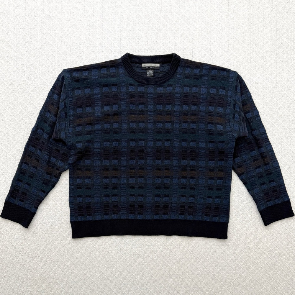 Vintage Geoffrey Beene Classics Sweater Blue Textured Grid Crewneck Grandpa 90s